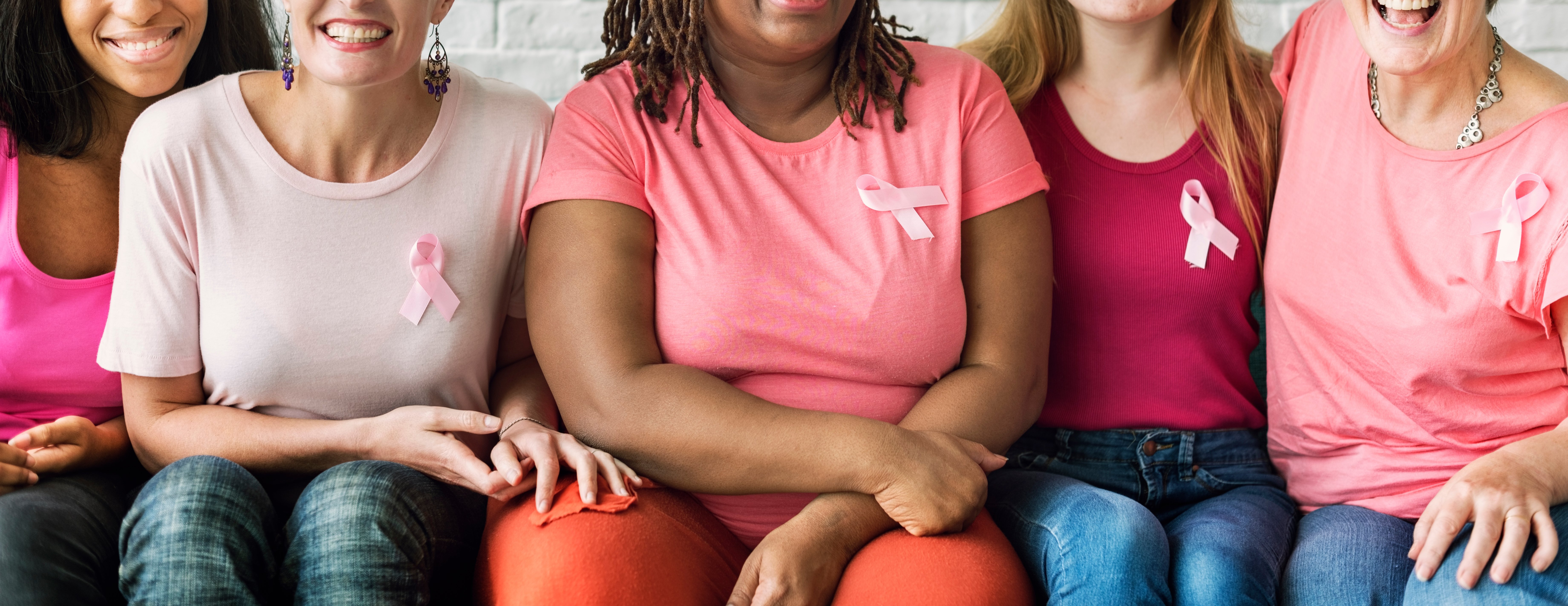 Breast cancer survivors sit together all wearing pink shirts and pink breast cancer ribbons.